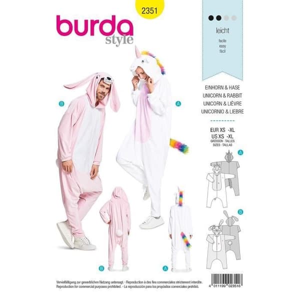 Patron Burda Carnaval 2351 Kombinering enhörning och kanin