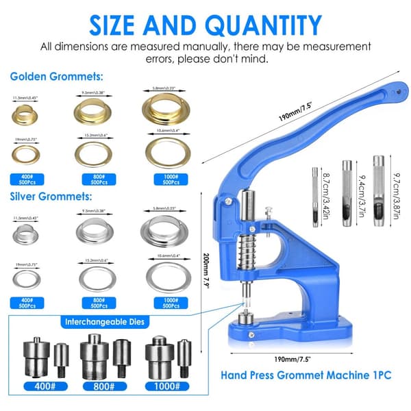 Handpress Grommetmaskin, inkluderar 3000 grommets, har utbytbara stansar,Som bild