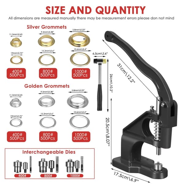 Handpress Grommetmaskin, inkluderar 3000 grommets, har utbytbara stansar,som pic-a