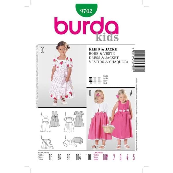 Mönster Burda 9702 Kids Klänning och jacka