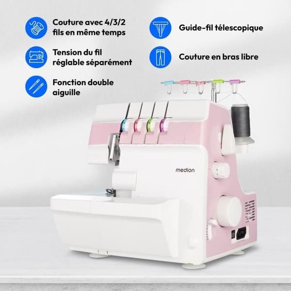 Surjeteuse - MEDION - SO 90 - 91W - Nåltyp 11, 14, 16 - 1200 varv/min - LED - Rosa
