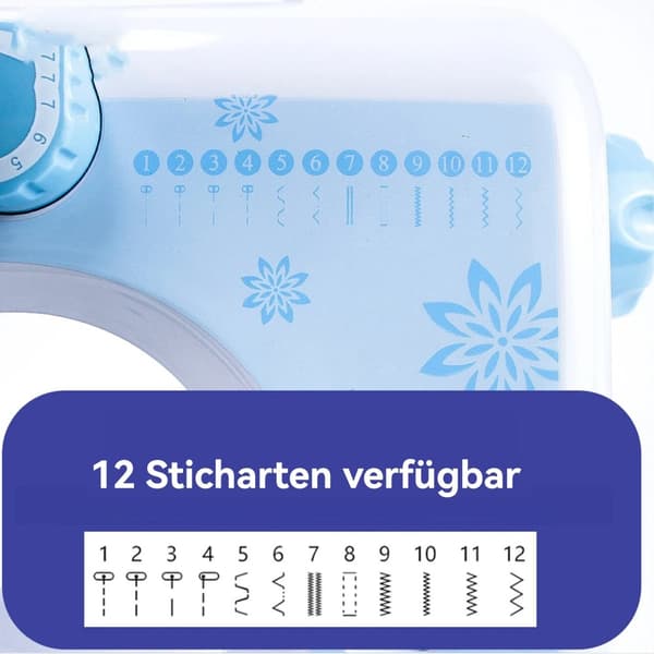 Käsikäyttöinen ompelukone, 12 ompelutyyppiä, integroitu työvalo, käyttäjäystävällinen muotoilu