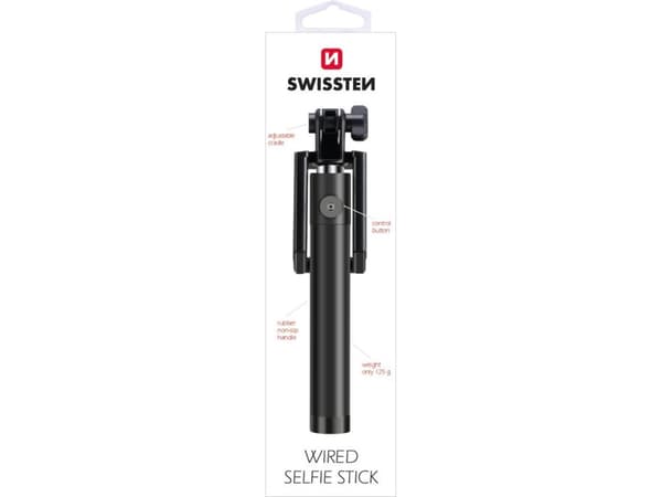 Swissten Wired Selfie Stick 81cm med kontrollknapp (svart)