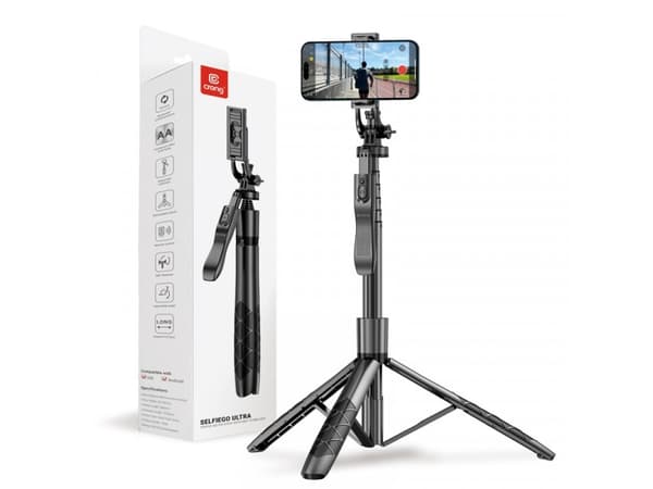 Crong SelfieGo Ultra - Aluminium selfie stick Bluetooth-stativ (svart)