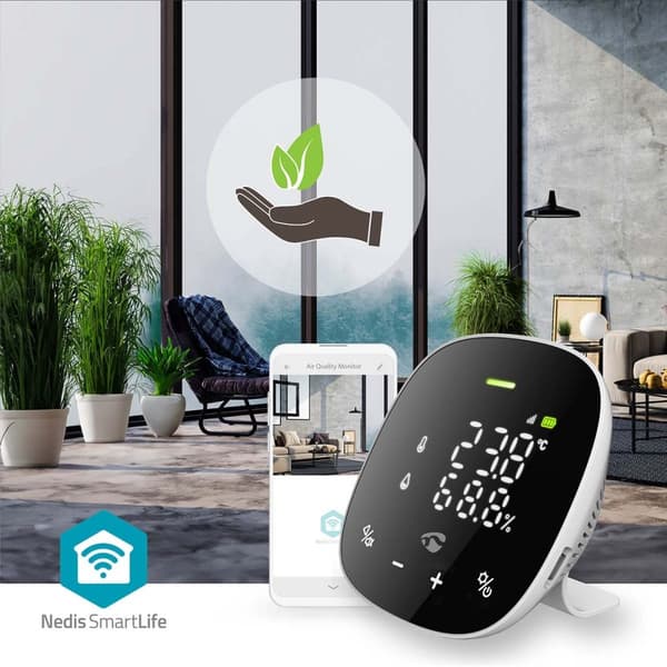 Nedis SmartLife-luftkvalitetsmåler | Wi-Fi | Inkl. Skærm | Fugtighed / Kuldioxid (CO2) / Temperatur | Android™ / IOS | Hvid / Sort