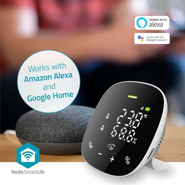 Nedis SmartLife-luftkvalitetsmåler | Wi-Fi | Inkl. Skærm | Fugtighed / Kuldioxid (CO2) / Temperatur | Android™ / IOS | Hvid / Sort