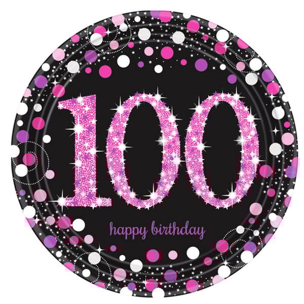 Amscan Prism Pink 100th Birthday Celebration Plates (Pack Of 8) Pink/Black One Size
