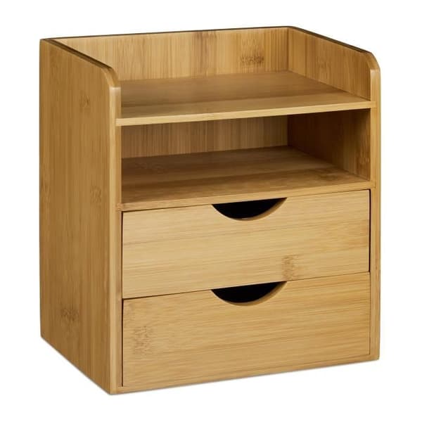 Relaxdays skrivbordorganisatör i bambu, H x B x D: 21 x 20 x 13 cm, med 2 nivåer och 2 avtagbara lådor, naturlig