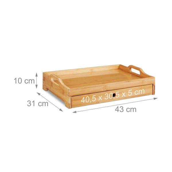 Relaxdays Bamboo Serveringsbricka, Frukost, Trä, Avtagbar låda, Handtag, HLP 10 x 43 x 31 cm, Natur