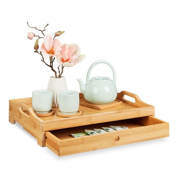 Relaxdays Bamboo Serveringsbricka, Frukost, Trä, Avtagbar låda, Handtag, HLP 10 x 43 x 31 cm, Natur