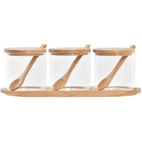 Sockerskål - DKD HEMINNREDNING - Basic - Transparent - Bambu - 3 delar - 8,5 cm