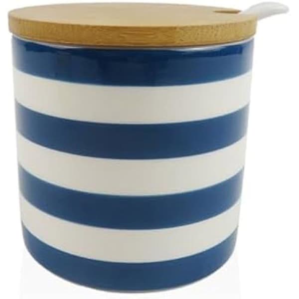 Sockerskål - VERSA - Keramisk blå - 9,5 x 9,5 x 9,5 cm - Runda ränder - Flerfärgad