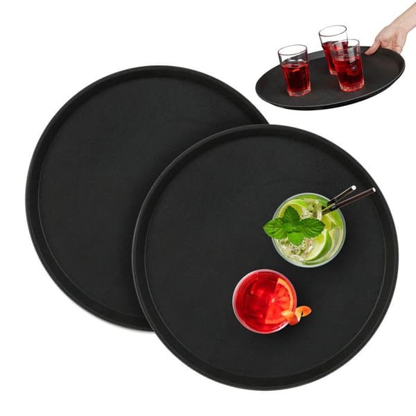Relaxdays Set med 2 runda serveringsfat, diameter 40 cm, halkfri yta, restaurang, svart