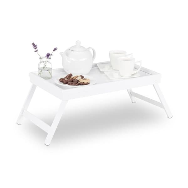 Relaxdays Bambu sänghylla med flikkanter Serverings- och frukostbricka, HLP 22 x 64 x 31 cm, Vit