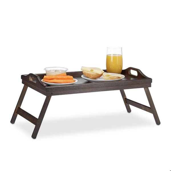 Relaxdays hopfällbar överbäddshylla i bambu med handtag Kanter Serverings- och frukostbricka, 22x61,5x30 cm, mörkbrun