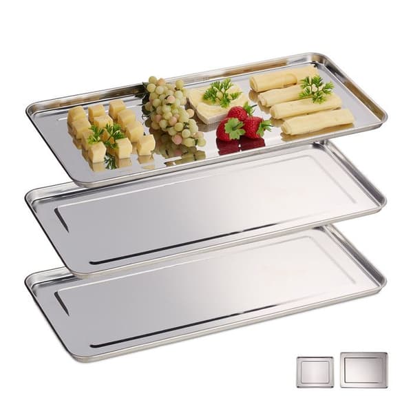 Relaxdays Serveringsfat, set med 3, Rostfritt stål, diskmaskinssäker, korv, 45,5 x 22 cm, silverfärgad