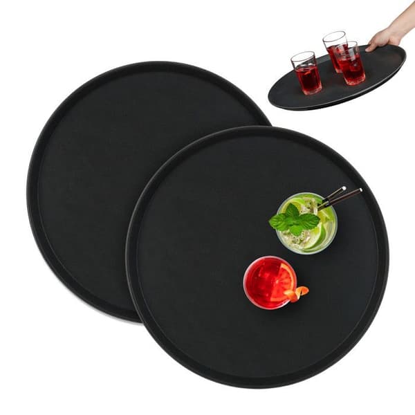 Relaxdays Set med 2 runda serveringsbrickor, diameter 45 cm, halkfri yta, restaurang, svart