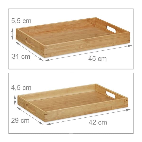 Relaxdays Bamboo Serveringsbricka Set med 2 Frukostbricka i trä Måltidsbricka 45 x 42 cm Handtag Upphöjda kanter, Natural