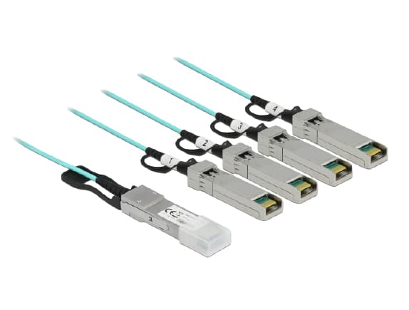 Delock - Suoraliitoskaapeli - QSFP+ (uros) - SFP+ (uros) - 10 m. - 3 mm - valokuitu - SFF-8436 - Aktiivinen optinen kaapeli (AOC) - akvamariini