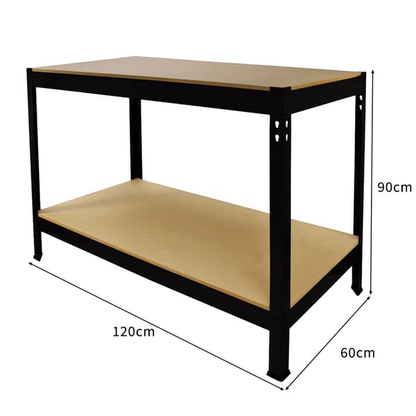 Q-Rax Svart Arbetsbänk 120 cm (B)  Pulverlackerat Stål Förvaring Verkstad Garage 2 Hyllor 200 kg Viktkapacitet Per Hylla Enkel Montering 7.6 mm MDF