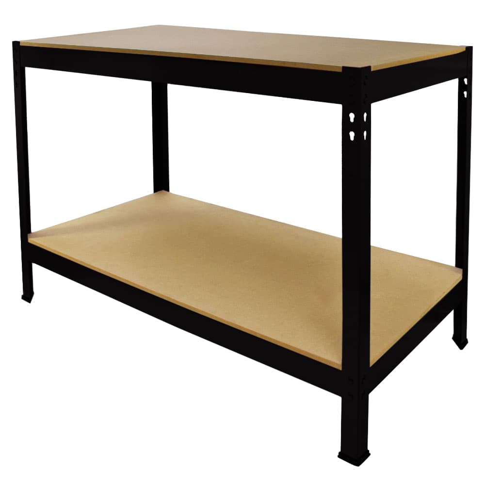 Q-Rax Svart Arbetsbänk 120 cm (B) Pulverlackerat Stål Förvaring Verkstad Garage 2 Hyllor 200 kg Viktkapacitet Per Hylla Enkel Montering 7.6 mm MDF