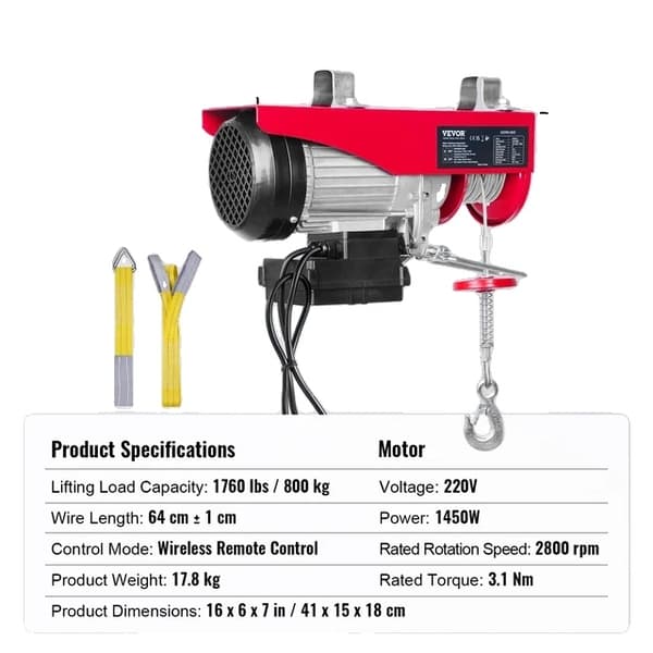 Elektrisk lyftanordning, kapacitet 400-800kg, trådlös fjärrkontroll, Trådlös 400kg