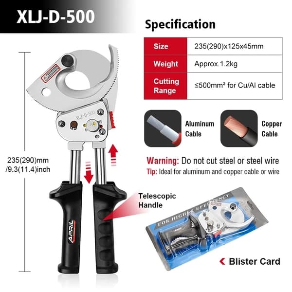 Kabelskærer, rundt afskæringsstålblade, skærer op til 300/500mm² Cu/Al kabel., XLJ-D-500