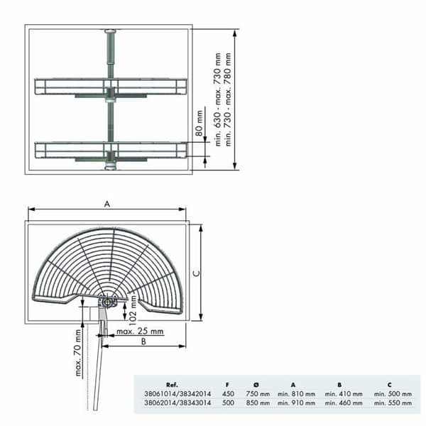 Menage confort - 00070 - Halvcirkulär kökshörnbricka 180, metall, Ancho puerta 500mm / Alto producto 630-730mm