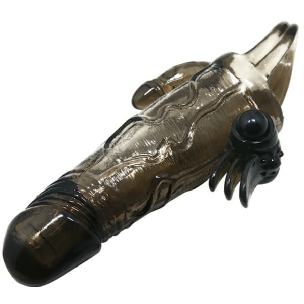 BRAVE MAN PENIS COVER WITH CLIT AND ANAL STIMULATION DOUBLE BULLET BLACK 16.5 CM