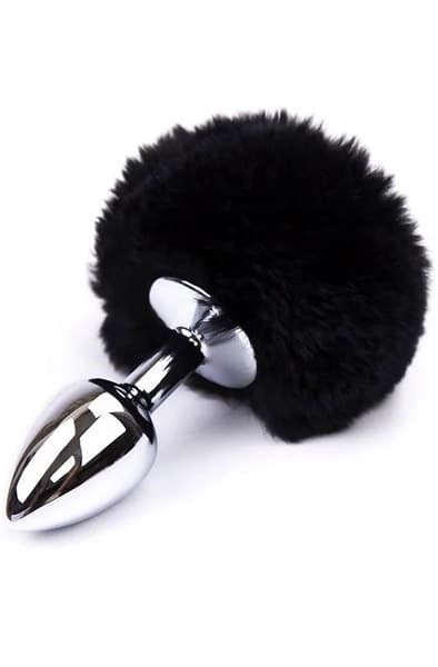 Black Faux Fur Rabbit Tail Stainless Plug S Analplugg med hale