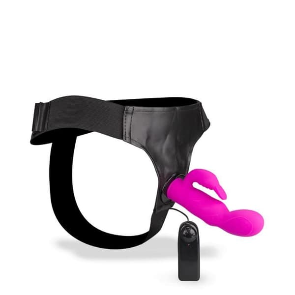 Vibrerande Strap-on Dildo - LOVE &amp; VIBES - Kanin - 100 % silikon - Ergonomisk - Klitorisk stimulering
