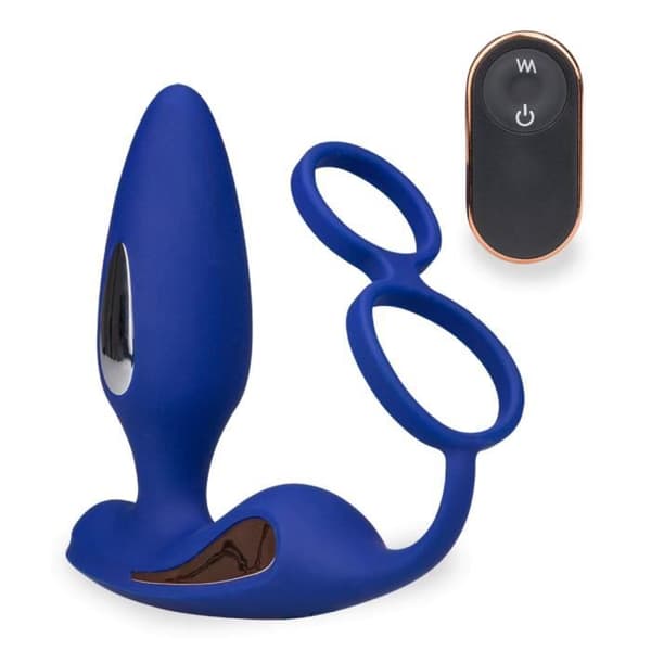 Vibrations- och elektrostimulerande analplugg med Fever Dark Blue cockring