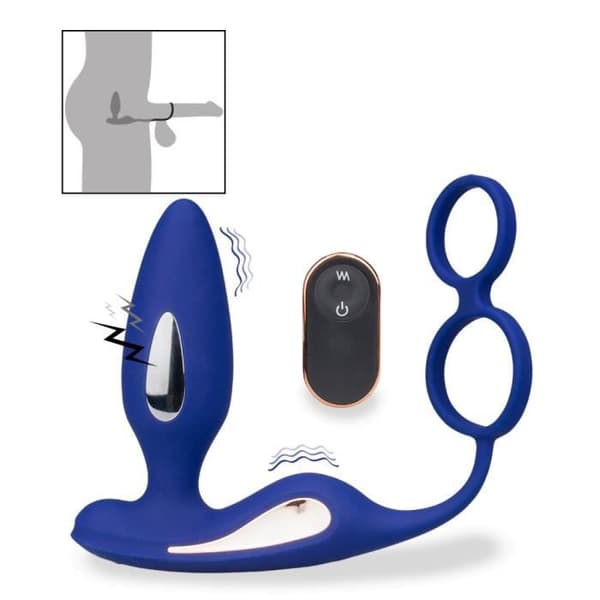 Vibrations- och elektrostimulerande analplugg med Fever Dark Blue cockring