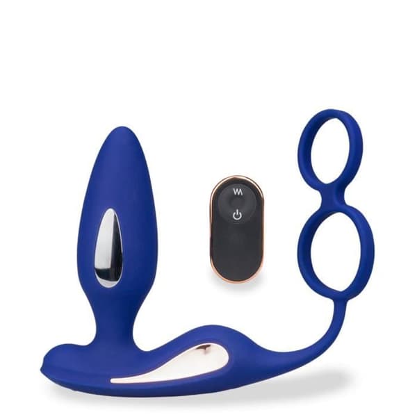 Vibrations- och elektrostimuleringsanalplugg med Fever cockring - LOVE AND VIBES Dark Blue Collection