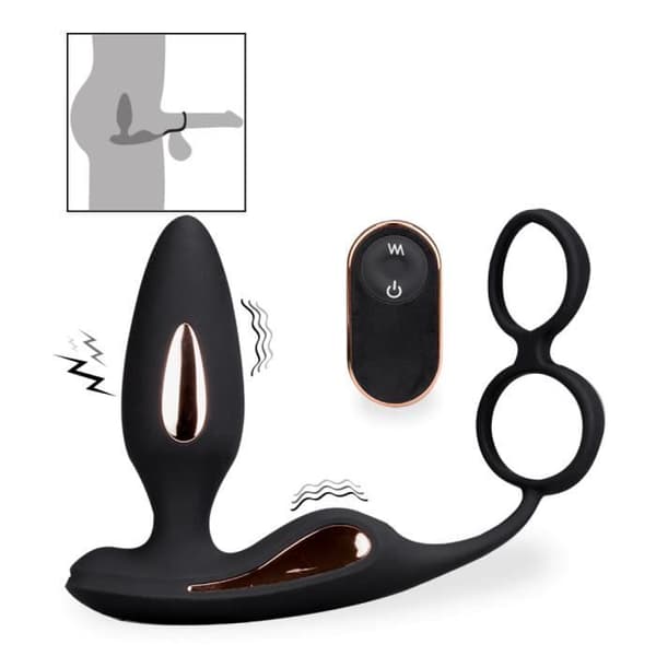 Vibrations- och elektrostimulerande analplugg med Fever Black cockring