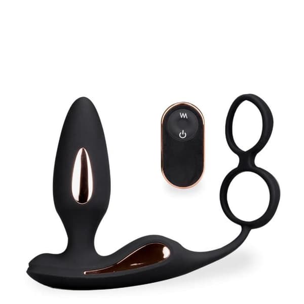 Vibrations- och elektrostimulerande analplugg med Fever Black cockring