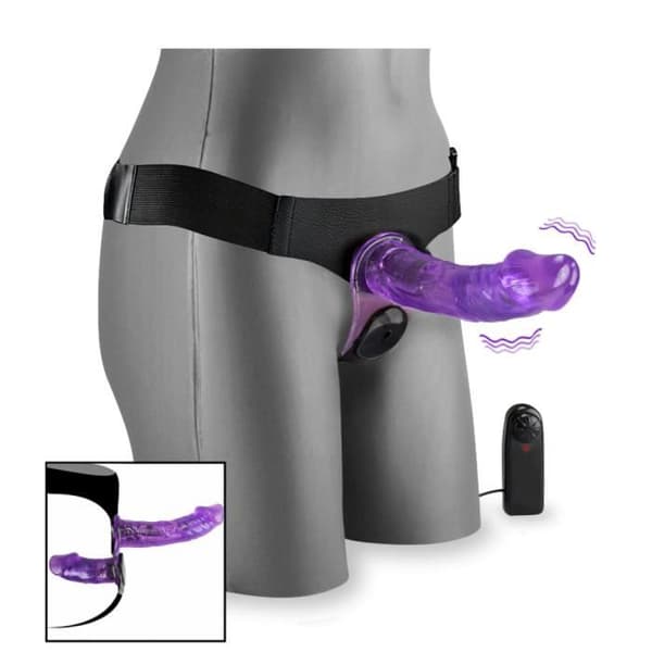 Dubbel fjärrstyrd vibrerande strap-on dildo med lila tråd
