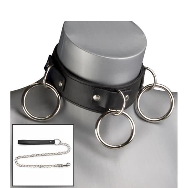 BDSM läderkrage 3 ringar + kedja