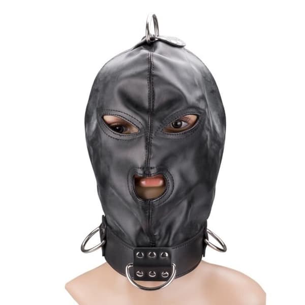 BDSM huva i konstläder med tre öppningar Svart