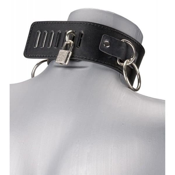 BDSM läderkrage 3 ringar + koppel