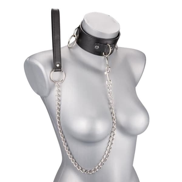BDSM läderkrage 3 ringar + koppel