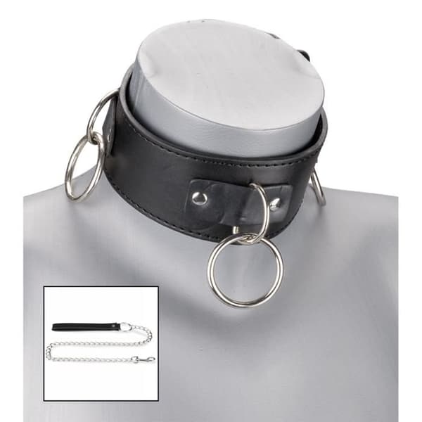 BDSM läderkrage 3 ringar + koppel