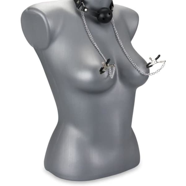 BDSM gag ball med nippelklämmor