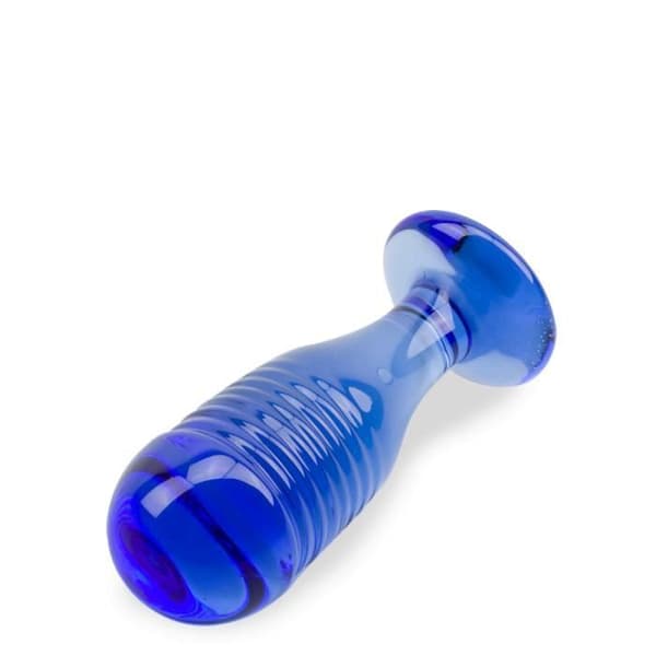 Analplugg av glas - Saturnus - Mörkblå - Ribbad - 9,2 cm - 3,5 cm