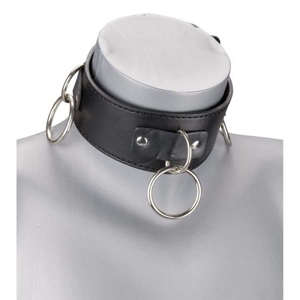 BDSM läderkrage 3 ringar + kedja