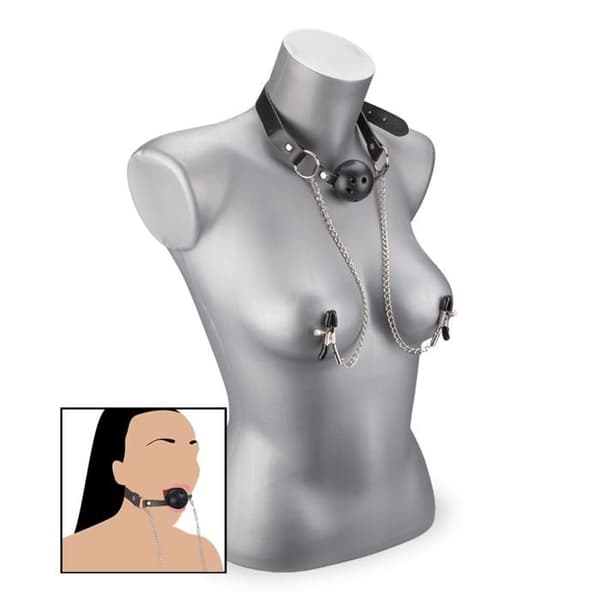 BDSM gag ball med nippelklämmor - LOVE AND VIBES Collection Black