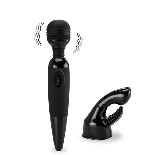 Vibromassör - KÄRLEK OCH VIBRATIONER - Fantasy Wand Svart - 2 Munstycken - Silikon - Vuxen
