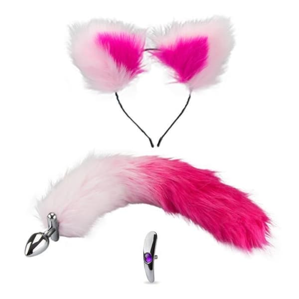 Rosebud anal plugg kattsvans och pannband - Diamond Fuchsia Collection