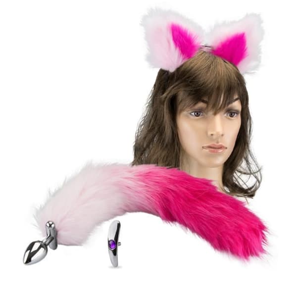 Rosebud anal plugg kattsvans och pannband - Diamond Fuchsia Collection