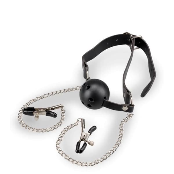 BDSM gag ball med nippelklämmor